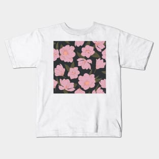 Cold pink magnolias pattern on dark Kids T-Shirt